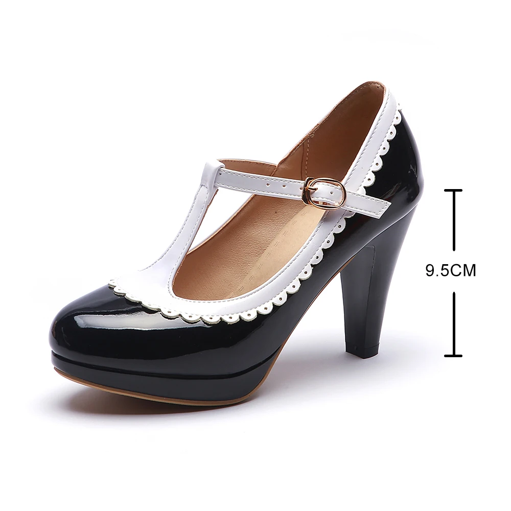 Women Patent Leather Fretwork Pumps Sweet Shallow Shoes T Strap Mary Janes Shoes Female Heels Ladies Footwear Sandalias De Mujer