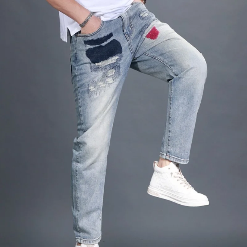 Light Vintage Blue Ripped Jeans Men Loose Mixed Color Straight Denim Trousers Spring New Micro-Elasticity Males Outdoor Korean