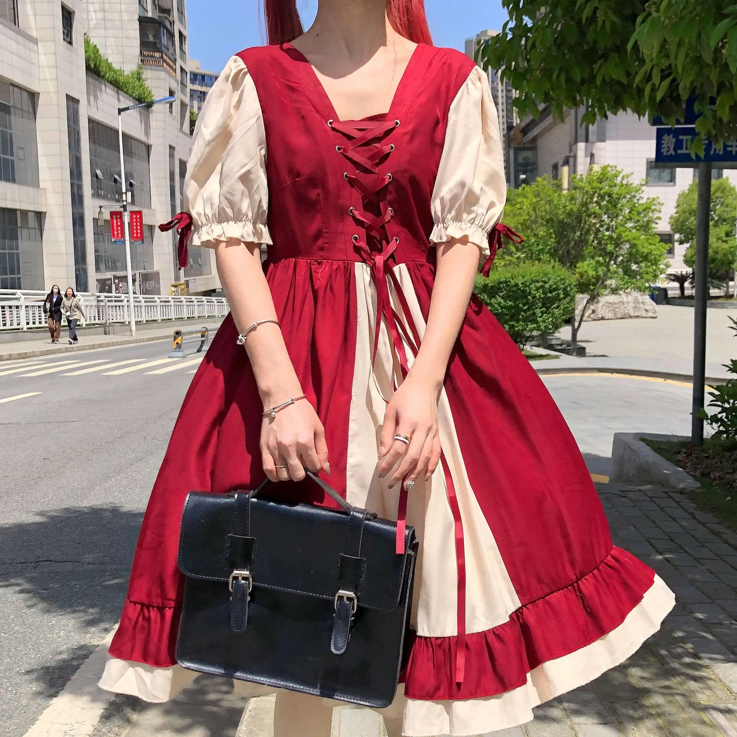 Vestido de verano de manga corta para mujer, estilo japonés, Lolita ligero, diario, contraste de Color, con cordones, cuello de marinero, Swing grande