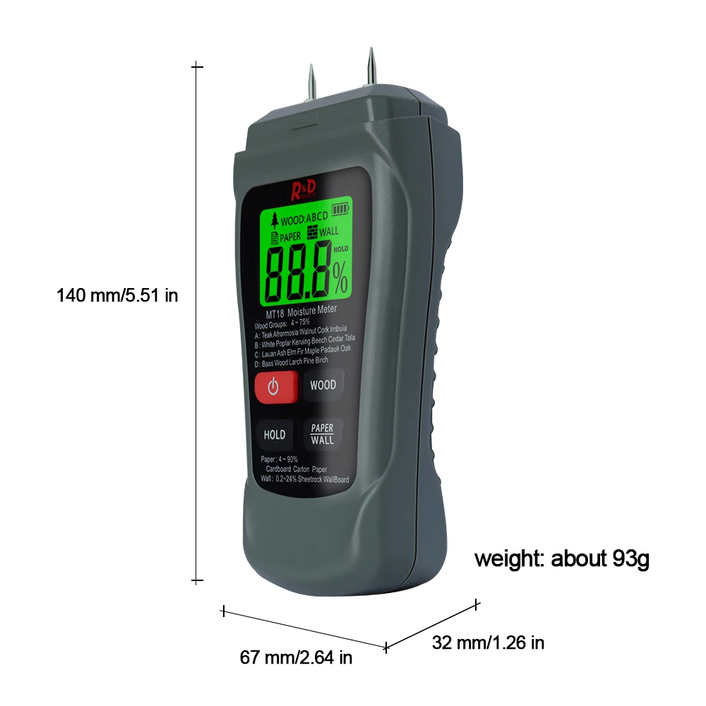 R&D MT-18 Wood Moisture Meter Paper Humidity Tester Wall Hygrometer Timber Damp Detector Tree Density Tester Grey NEW
