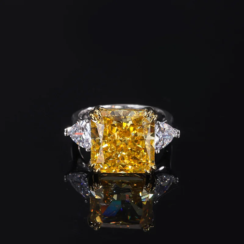 Luomansi 13*13MM Square Green Yellow High Carbon Diamond S925 Ring Woman 100% Sterling Silver Jewelry Wedding Party Gift