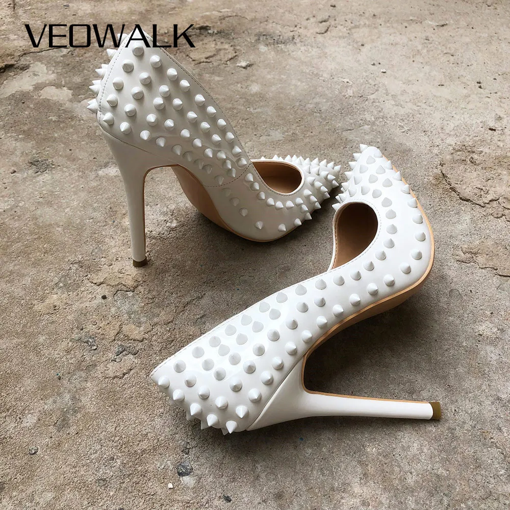 Veowalk White Spikes Women Pointed Toe Stilettos Sexy High Heels Rivets Ladies Slip-on Pumps Night Club Shoes 12/10/8cm Optional