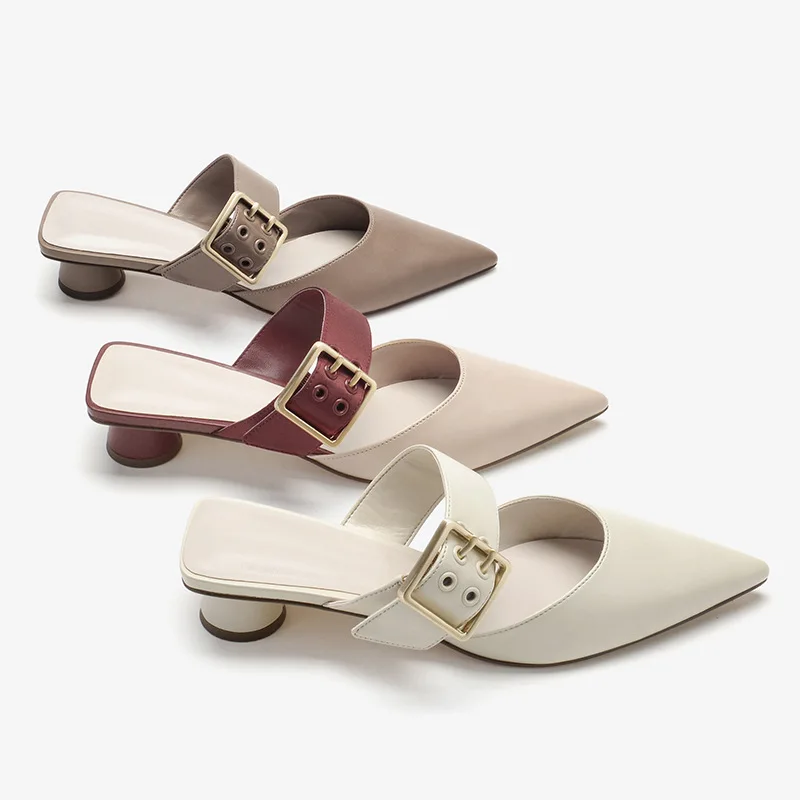 

Women Mules Sexy Pointed-Toe Elegant Low Heel Ladies Slippers Slip on Leisure Design Ladies Office Shoes Beige Pumps Female