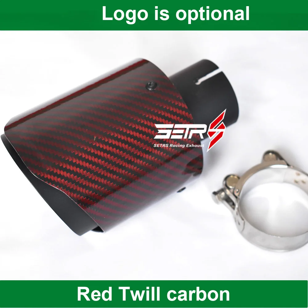 1Pc Car Modified Glossy Red Twill Fiber Carbon  Black Muffler End Pipe Stainless Steel Exhaust Tip For Any Car