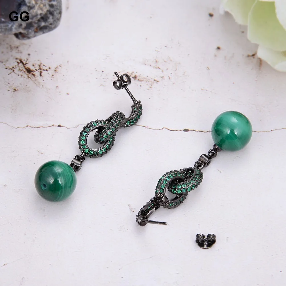 Natural Genuine round Green Malachite Green cubic zirconia pave gunmetal color plated Loop Stud Earrings luxulry for women