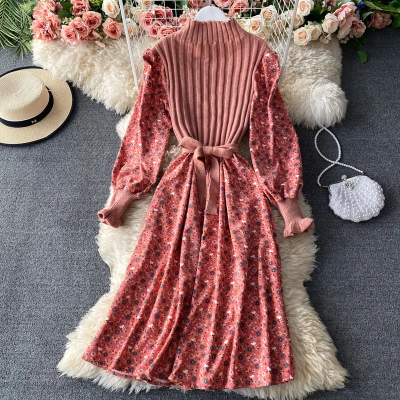 Herfst Vintage Elegante Midi Jurken Voor Vrouwen Patchwork Gebreide Vestidos Slanke Bandage Lange Gewaad Mode Bloemen Corduroy Jurk