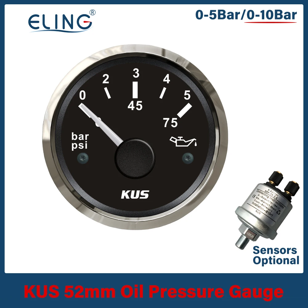 KUS 52mm 0-5Bar 0-10Bar Oil Pressure Gauge Car Boat 0-75Psi 0-145Psi Red Yellow Available Backlight Oil Pressure Sensor