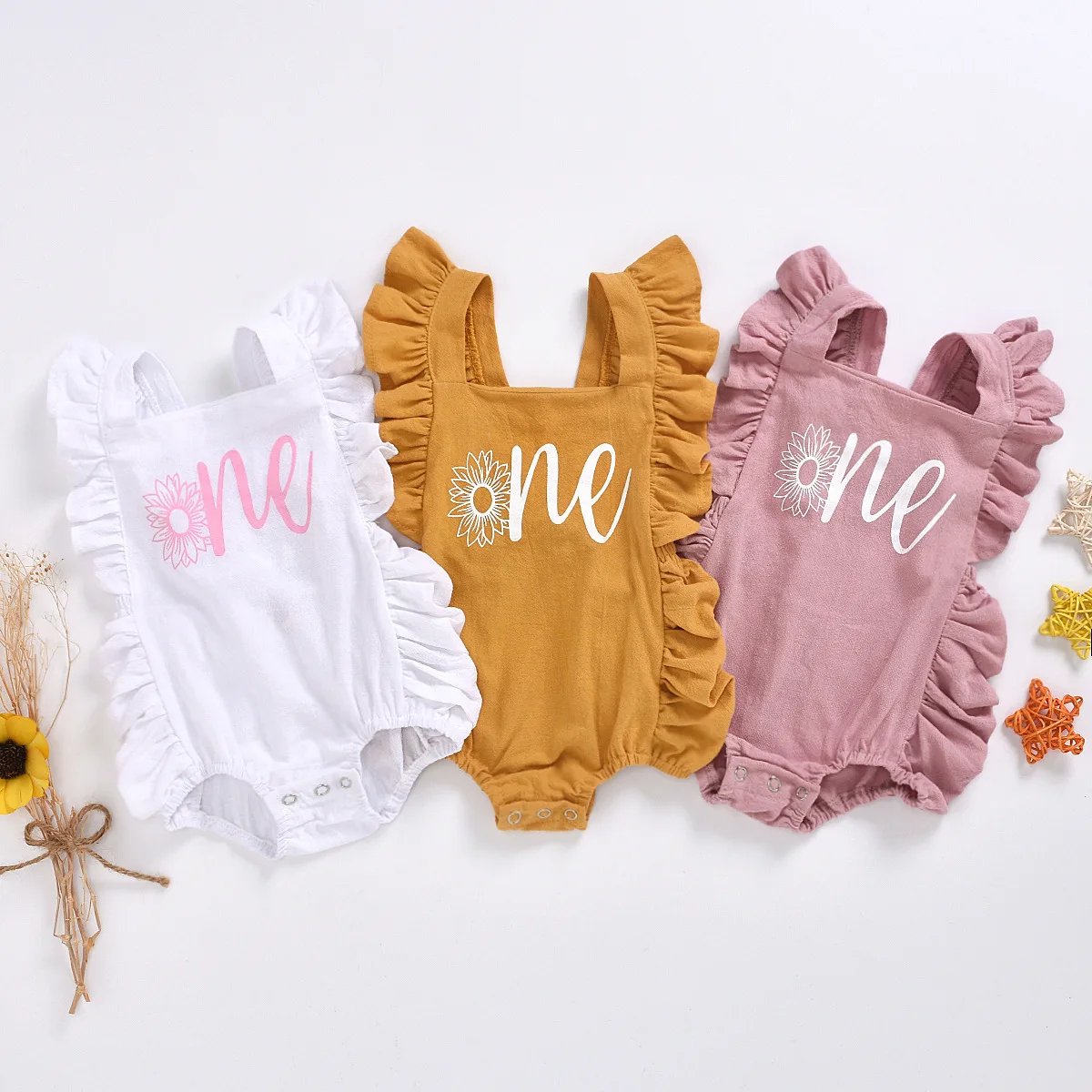 Girls Clothes Letter Baby Romper Fly Sleeves Kids Summer Playsuit White Yellow Pink Newborn Outfits Baby Girl Ruffle Rompers