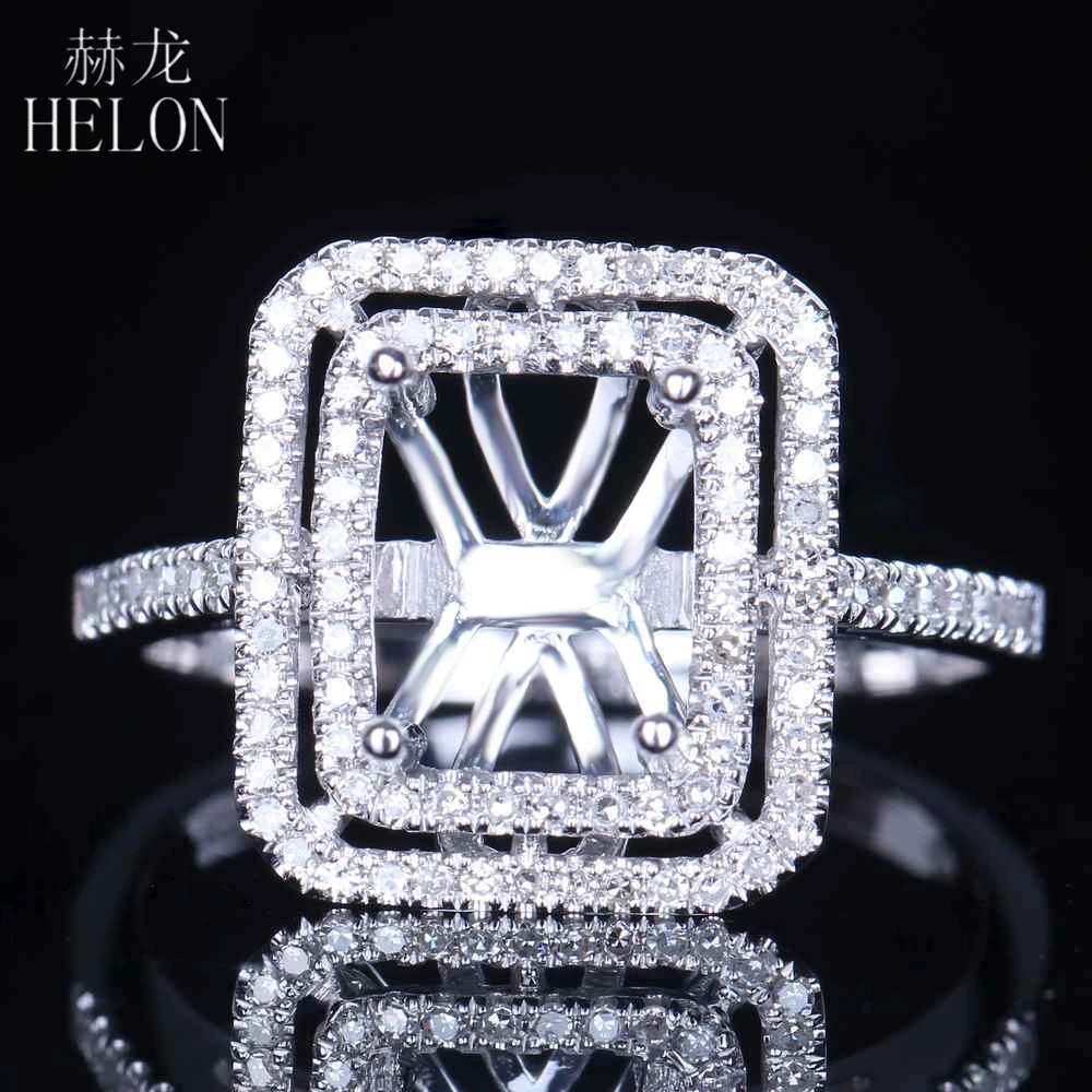 

HELON Solid 14K White Gold Engagement Wedding Real Natural Diamond Halo Women Fine Jewelry Semi Mount Ring Fit Emerald Cut 8x6mm