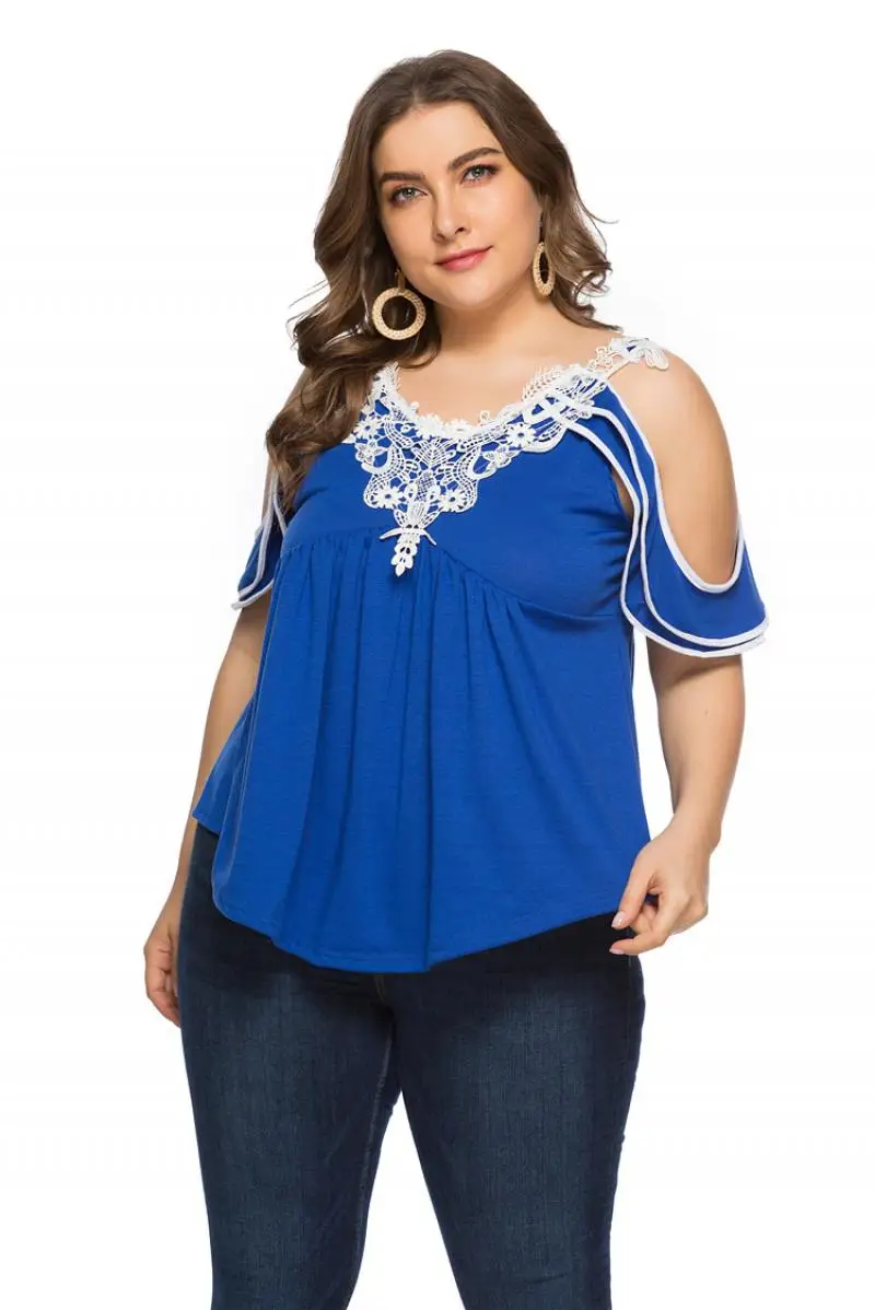 

Oversized T Shirt Women Casual Strapless Crochet Detail Women Tops Plus Size Women Clothing Cropped Short Sleeve Tees