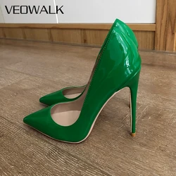 Veowalk Olive Green Women Plain Patent Leather Pointed Toe Stiletto Pumps 8cm 10cm 12cm High Heel Elegant Party Wedding Shoes