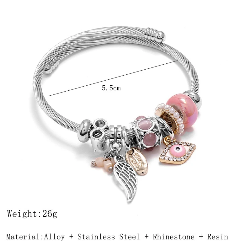 2020 New Women's Bracelet Jewelry Stainless Steel Wire Evil Eye Wing Charms Cuff Bracelets Bangles Silver Color Ethnic Armband