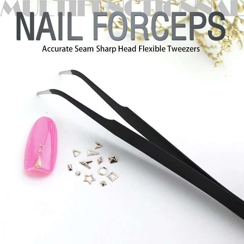 Clou Beaute Nail Art Tweezers Stainless Steel Multi-function Eyelash Tweezers Curved Chuck Nails Decoration Pliers Tools