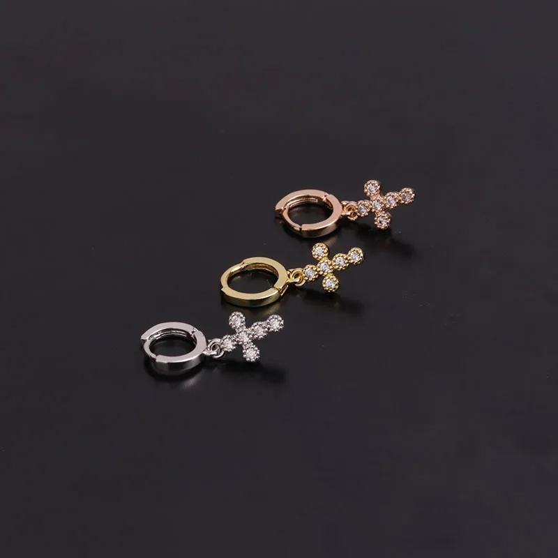 1 PCS Simple Small Micro Pave CZ Cross Shape Circle Piercing Hoop Earring Trendy Gold Color Cartilage Ear Clip Cuff Jewelry