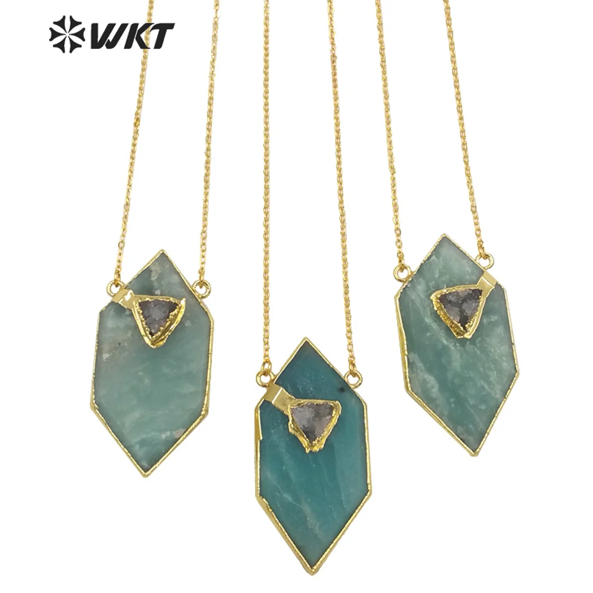 WT-N1067 WKT New Wholesale Amazing Natural Green Stone Jewelry Hexagon Shape For Lady Decorate Pendant Necklace Gift