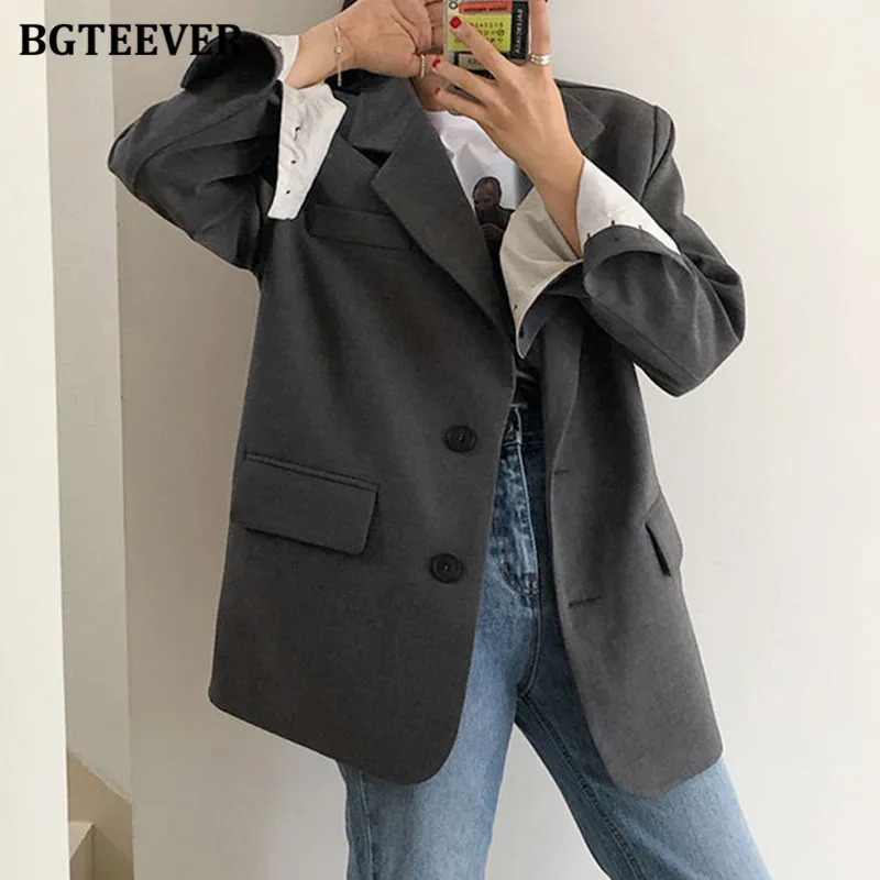 BGTEEVER Stylish Chic Notched Collar Women Blazer Jackets 2022 Spring Long Sleeve Single-breasted Casual Female Suit Coats