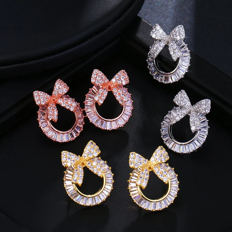 Ekopdee New Cute Bowknot Cubic Zirconia Stud Earrings for Women 2021 Fashion Brass Zircon Earrings Female Minimalist Jewelry New