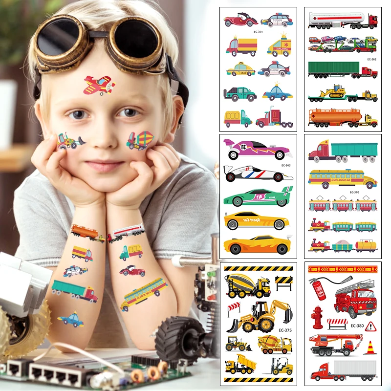 Children Cartoon Car Waterproof Tattoo Stickers Boys Love Excavator Fire Truck Cognitive Toy Tattoo Stickers Temporary Tattoos