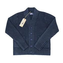 BOB DONG Vintage Workwear Robe Indigo Cotton Cardigan Men V-Neck Sweater Blue