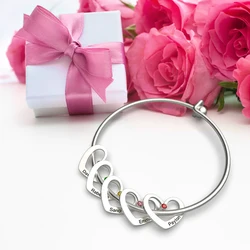 Customized Names Bangle Bracelet Heart Shape Pendants With Birthstone Letter Beads Personalized For Women Mom Birthday Gift