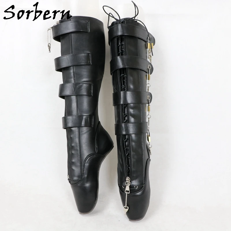 Sorbern Sexy Heelless Ballet Boots Knee High Women Lockable Zipper Front Lace Up Inside 8 Locks Heelless Boots