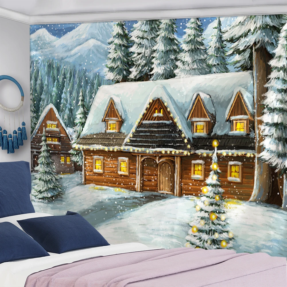 Christmas snowscape home decoration tapestry forest cottage Bohemian decoration Hippie Christmas tree large size tapestry