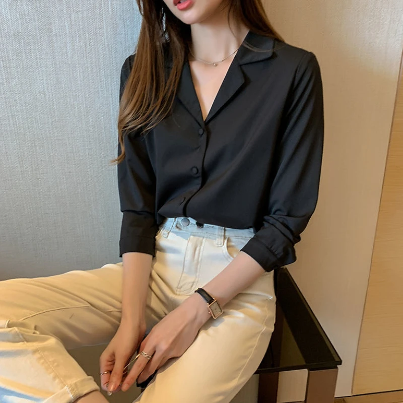 Shirt Women Solid Chiffon Design Autumn Long Sleeves Elegant Casual Korean Style Chic Single Breasted Notched Collar Ladies Hot