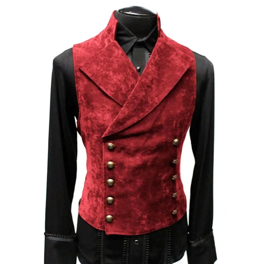 Mens Double Breasted Gothic Steampunk Velvet Vest Stand Collar Medieval Victorian Black Waistcoat Men Stage Cosplay Prom Costume