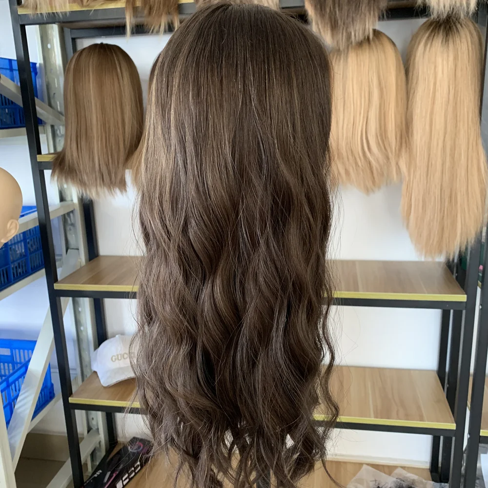 Lindo cabelo virgem europeu 100% laço suíço superior peruca judaica kosher perucas cor marrom com destaques em estoque frete grátis