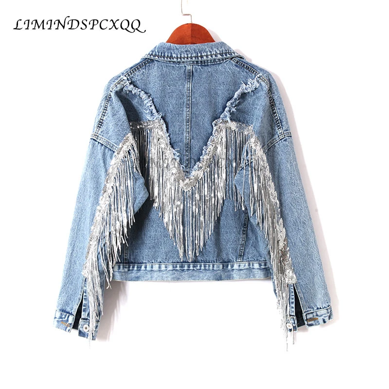 2021 Nieuwe Herfst Zware Werk Fringed Pailletten Retro-Gewassen Denim Jas Vrouwen Korte Jeans Jassen Jas Meisjes Studenten Vrouw kleding