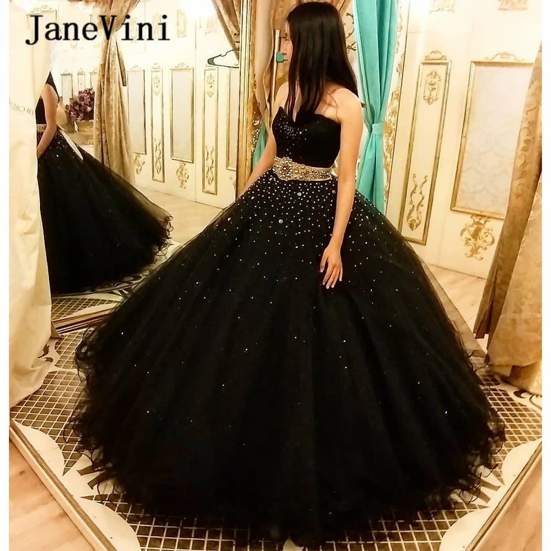 Janevini Mewah Hitam Arabic Panjang Quinceanera Gaun 2020 Sayang Kristal Manik-manik Tulle Ball Gown Plus Ukuran Manis 15 Gaun