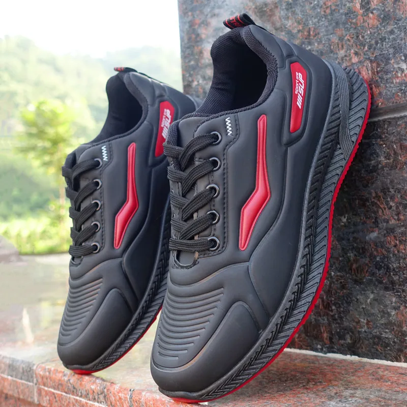 Spring Autumn Sneakers Leather Waterproof Sports Shoes Men\'s Casual Shoes Thick Rubber Soles Wear-resistant Black Work Shoes