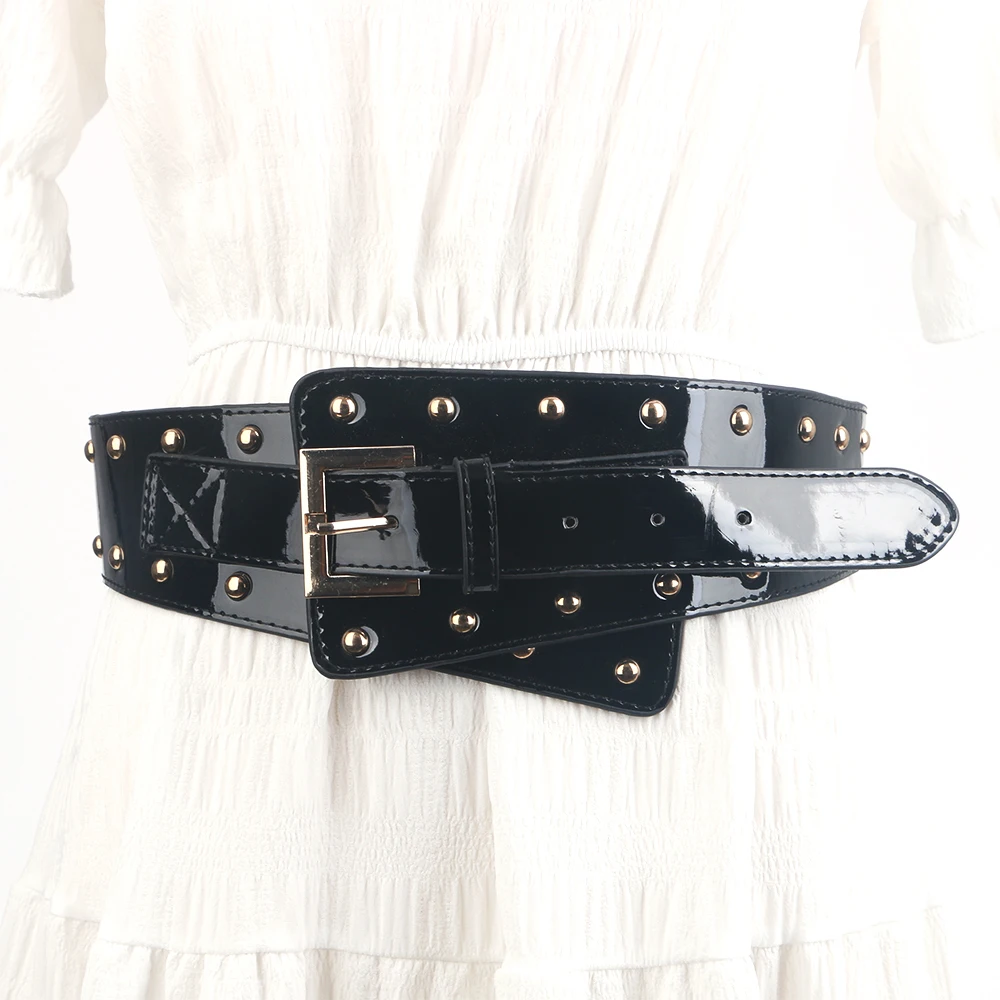 Fashion Cummerbund shinny Pu Leather Adjustable pin Gole Buckle wide belts for women ladies wide waistband Girdle For dress Coat