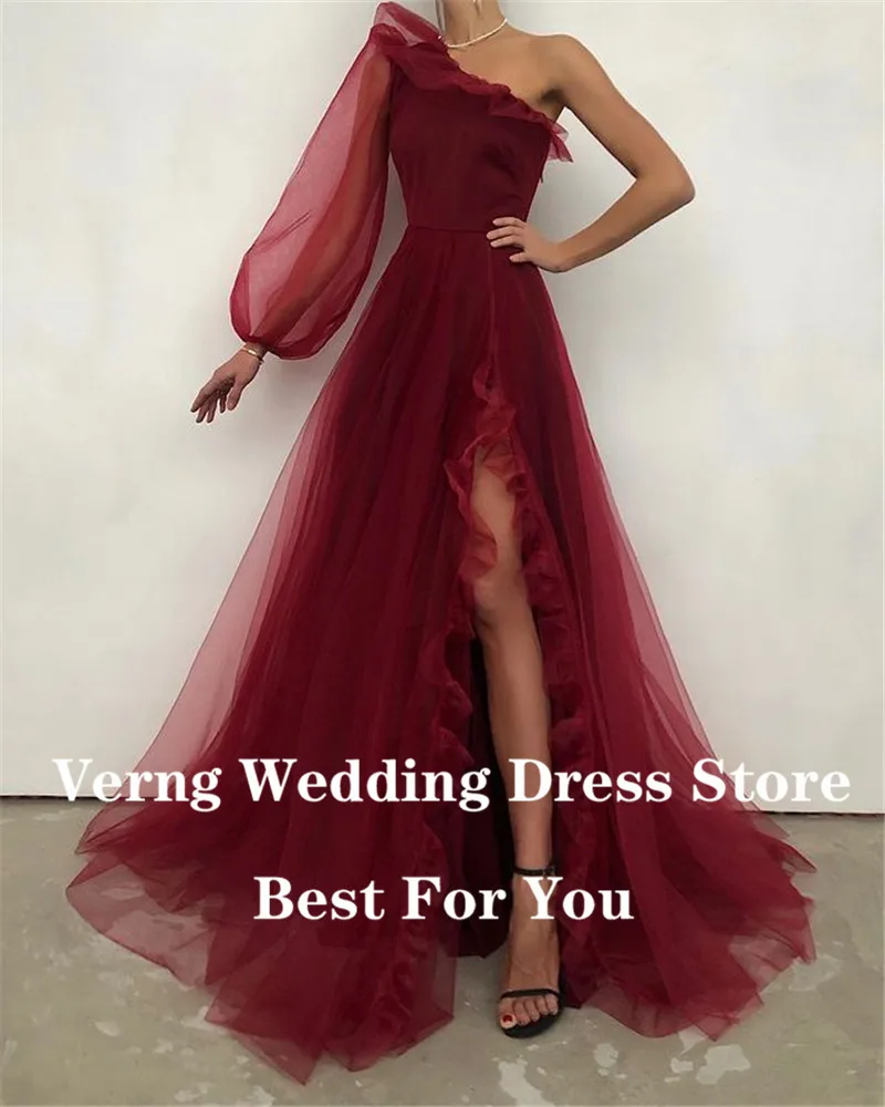 Verngo Elegante Dusty Roze Tulle Lange Prom Dresses Een Schouder Mouwen Ruches Een Lijn Avondjurken Vrouwen Speciale Gelegenheid Jurk