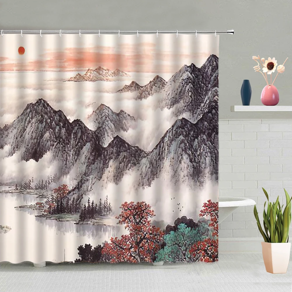 Landscape Painting Shower Curtain Plum Blossom Peony Flowers Lotus Magpie Carp Sunset Background Pattern Waterproof With Hooks