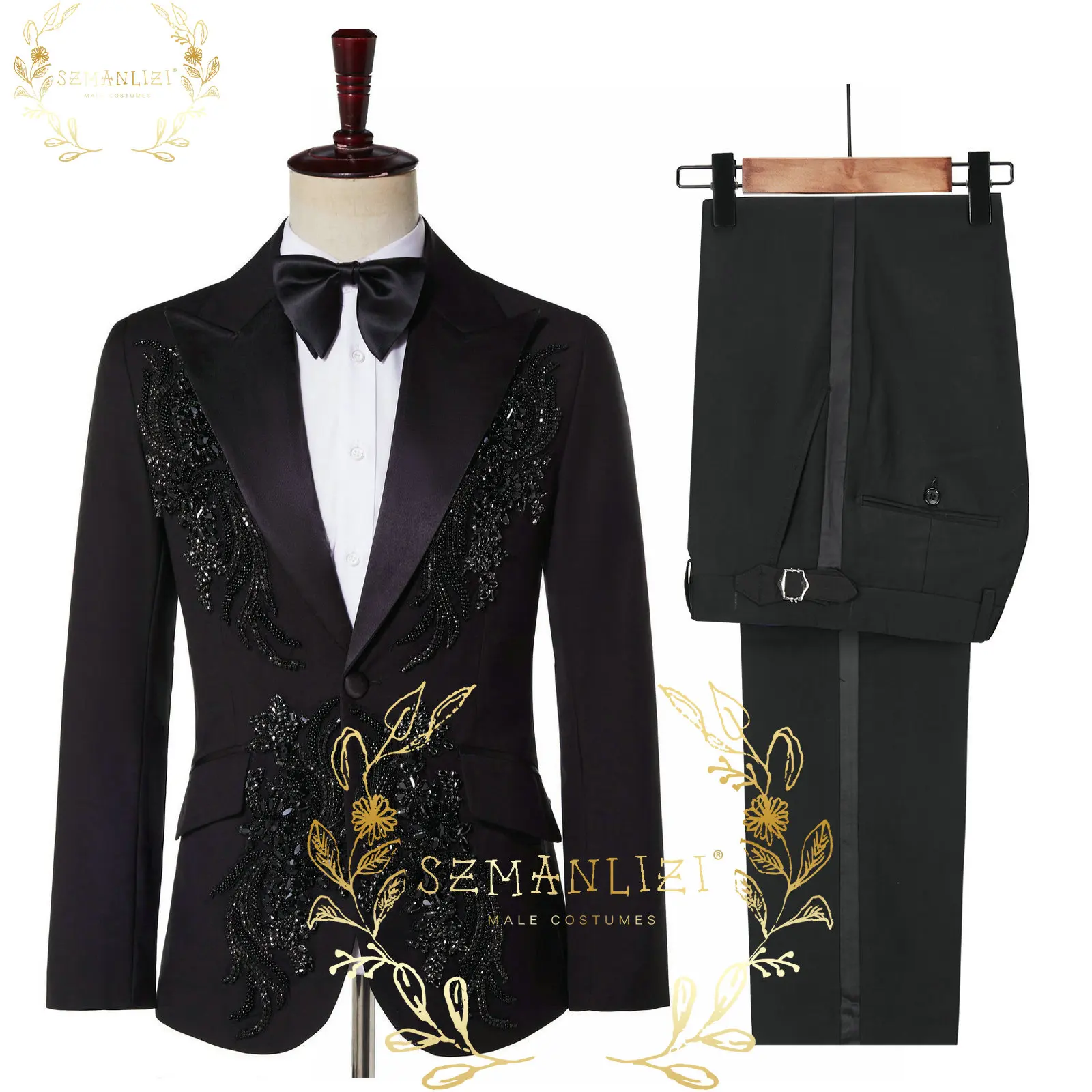 

SZMANLIZI 2022 Luxury Beading Black Men Suits Groom Wear Terno Masculino 2 Pieces Set Slim Fit Tuxedos For Wedding Party Blazer