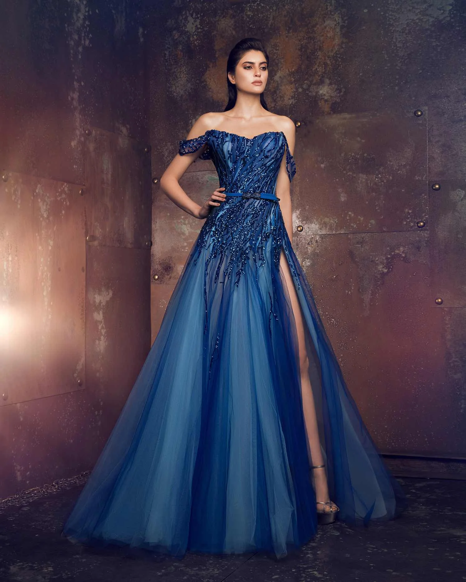 Vestido de noche azul oscuro con cuentas, largo hasta el suelo, lentejuelas, abertura alta, hecho a medida, Formal, celebridad, mujer