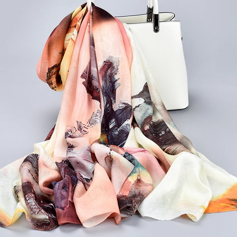 Lenço de seda pura mulher hangzhou seda echarpe impressão xales envoltórios foulard femme oco jacquard seda natural longo cachecóis