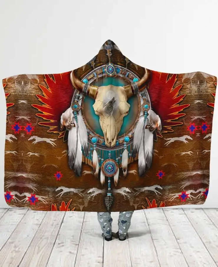 Plstar Cosmos Birds Feather/Native/Buffalo Head Motifs Hooded Blanket 3D full print Wearable Blanket Adults men women style-8