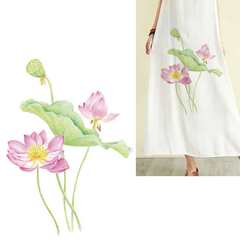 Lotus Lily Flower Stripe Iron-on Transfers for Clothing PVC Patches Iron on Dress Washable Ironing Sticker on Clothes Appliques