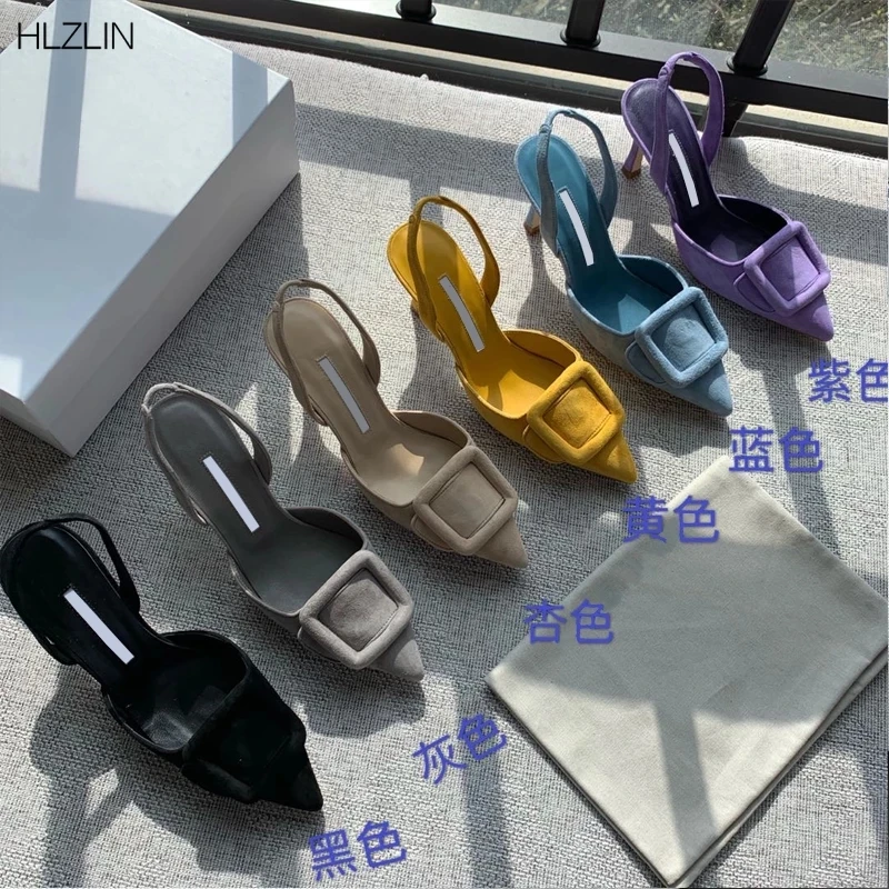 Sexy pointed toe heeled buckle sandals woman runway high heels high quality sheepskin back strap dress gown shoes slingback