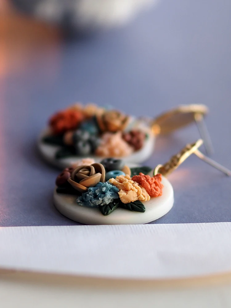 Handmade Delicate Floral Cluster Flowers Unusual Art Ethnic Jewelry Stud Handmade Polymer Clay Earrings For Women