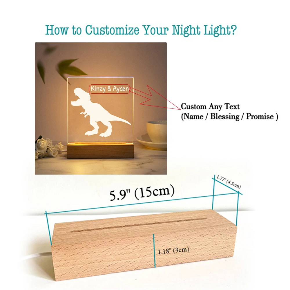 Personalized Dinosaur Nightlight USB Customized Name 3D Lamp Christmas Decoration Bedroom Toys For Children Gift