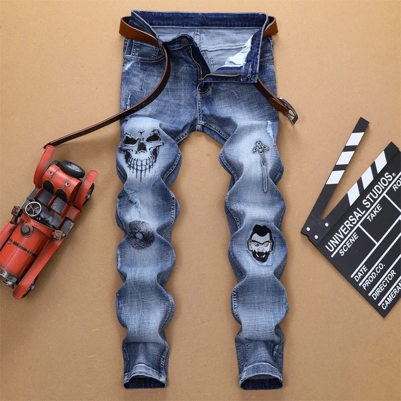 Pantalones vaqueros de estilo para hombre, Jeans rectos con bordado de Calavera, elásticos, otoño e invierno, 2020