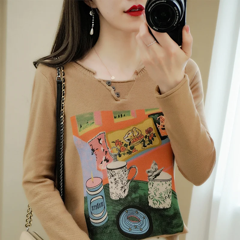 Knitted Cotton Tops Women O Neck Buttons Graffiti Flowers Printed  2021 Elegant Vintage Loose Long Sleeves Sweater