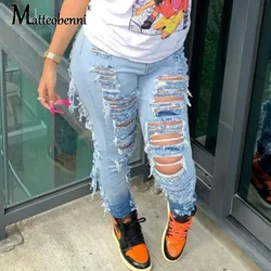 New Casual Hole Ripped Jeans Women Sexy High Waist Stretch Skinny Denim Pants Retro Pencil Pants Tassel Trousers Pockets Female