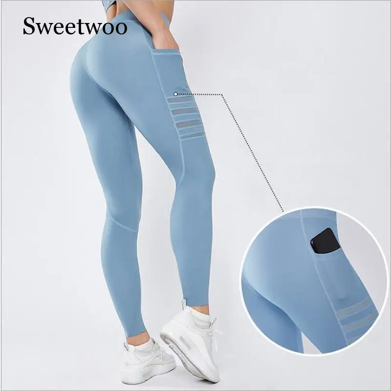 Woman Yoga Pants With Pocket Sports Tights Sports Running Pants High Waist Mesh Sport Leggings Fitness Pants Blue Pink Yoga Pant