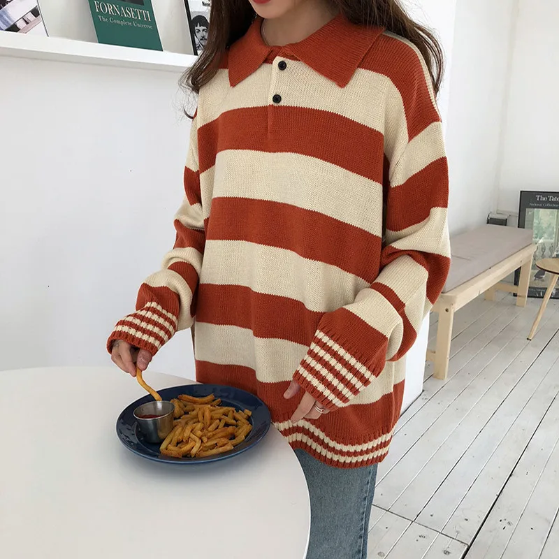 Harajuku Striped Hit Color Women Kintted Sweater Long Sleeve Casual Loose Female Pullover Top 2019 Spring Autumn Female Jumper