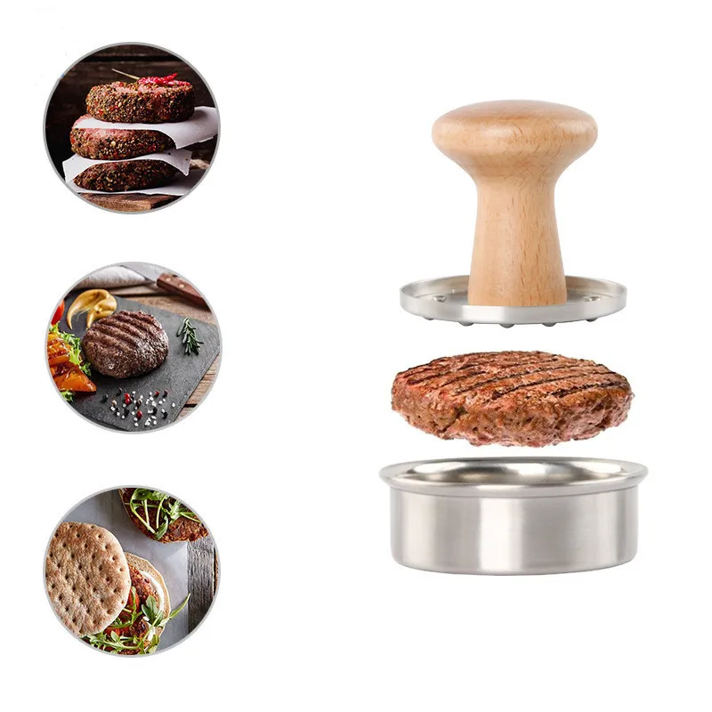 Beech Handle 304 Stainless Steel Manual Hamburger Presses Maker Press Cutlets Mold Grill Kitchen Tools Home Meat Pie Burger