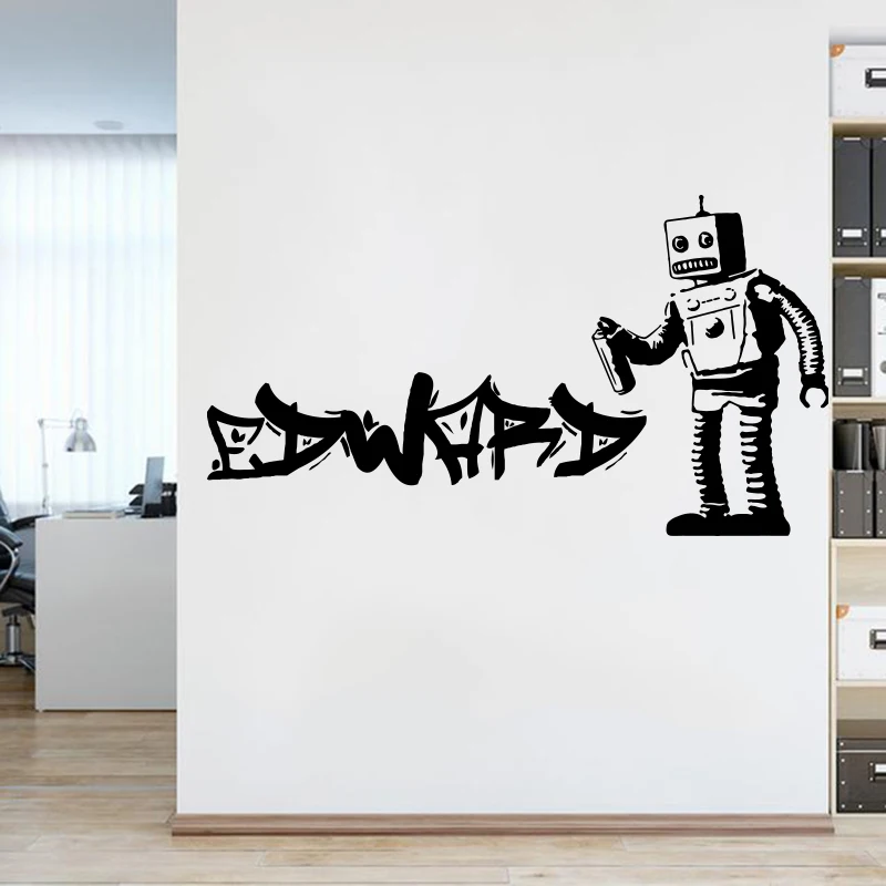 Custom Name Banksy Barcode Robot Graffiti Wall Sticker Decal Street Art Banksy  Children Room Playroom Home Decor